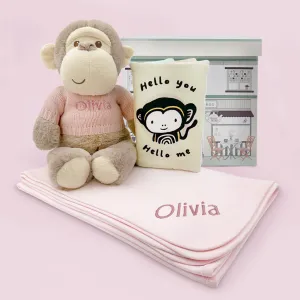 Personalised Morris Monkey Soft Toy With Snuggle Wrap and Book, Pink