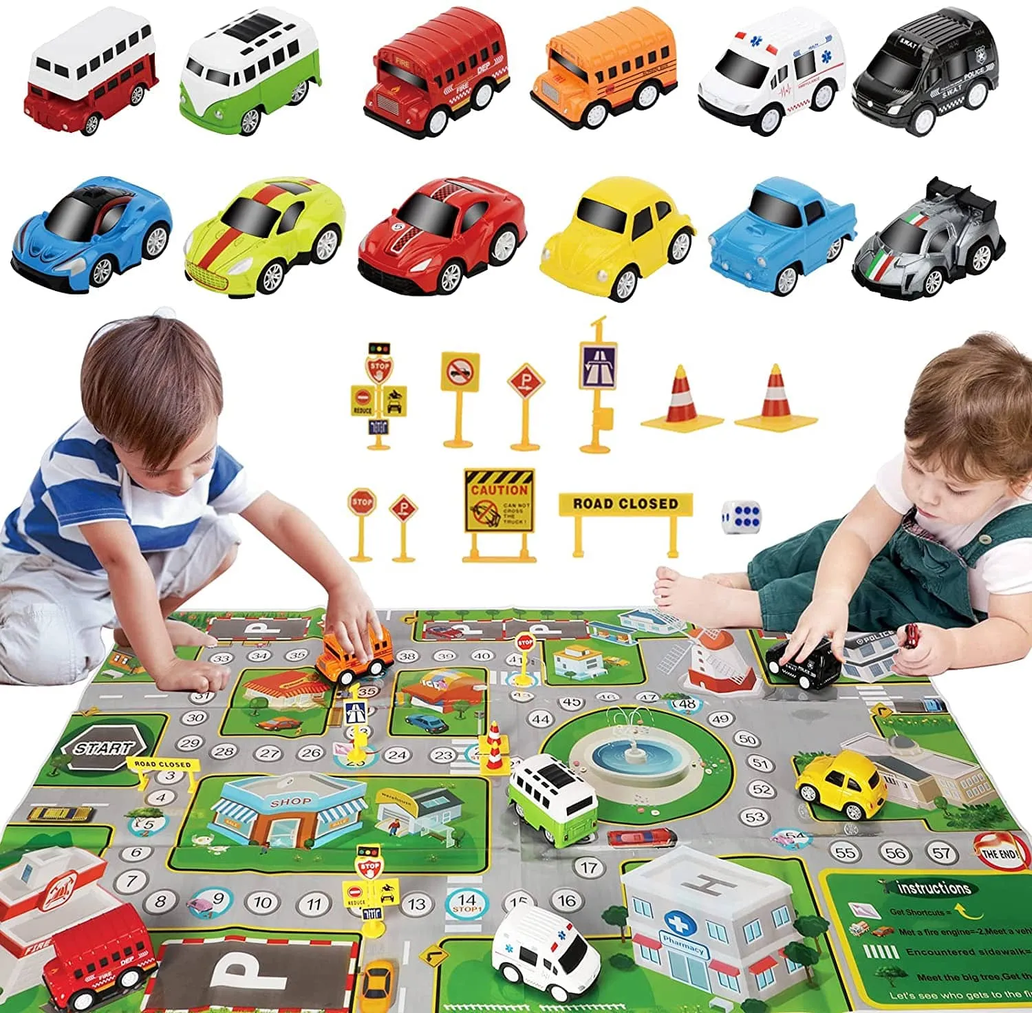 Pull Back Cars with Play Mat, 12 Pack