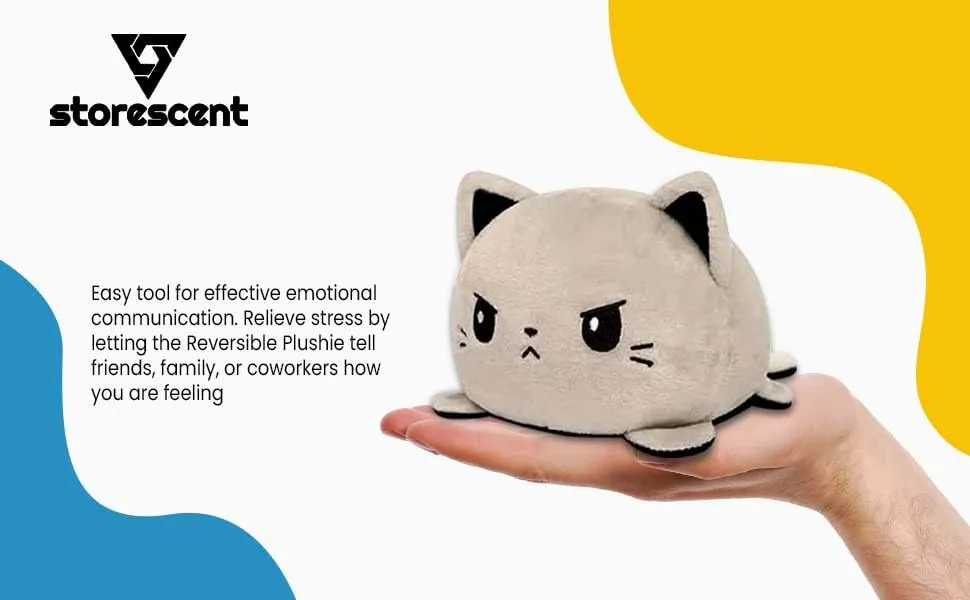 Storescent Reversible Cat Soft Toys for Kids, Cat Stuffed Animal Plush Soft Toys for Boys and Girls | Cat Plushie Toy (Happy Black/Angry Grey)