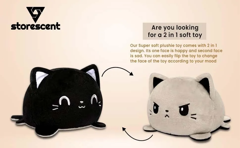 Storescent Reversible Cat Soft Toys for Kids, Cat Stuffed Animal Plush Soft Toys for Boys and Girls | Cat Plushie Toy (Happy Black/Angry Grey)